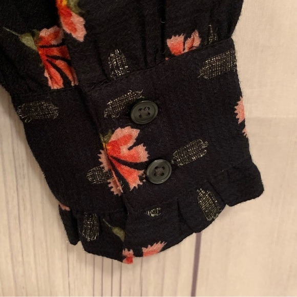 Loft Floral Red and Black Metallic Sparkly Puff Sleeve Blouse Long Sleeve XS - Picture 7 of 11